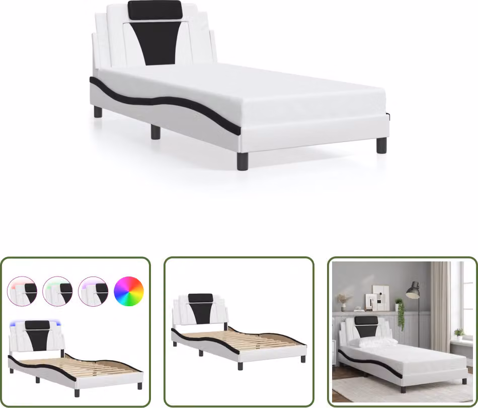 The Living Store Struttura letto con LED bianco e nero 100x200 cm in ecopelle