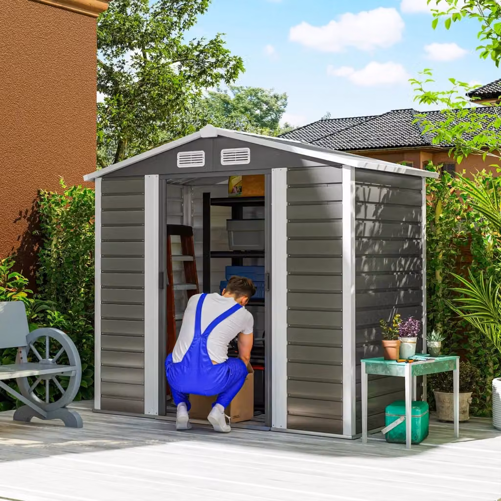 Casetta Box da Giardino Giordanoshop in Acciaio Zincato Grigio con Porte Scorrevoli e Lucchetto, L: 120 cm, P: 213 cm, H: 166-194 cm – 2