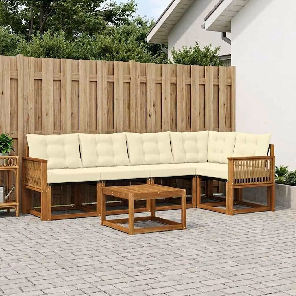 Set di divani da esterno vidaXL a forma di L composto da 6 pezzi con tavolino, in legno di acacia trattato e tessuto textilene, colore marrone e beige