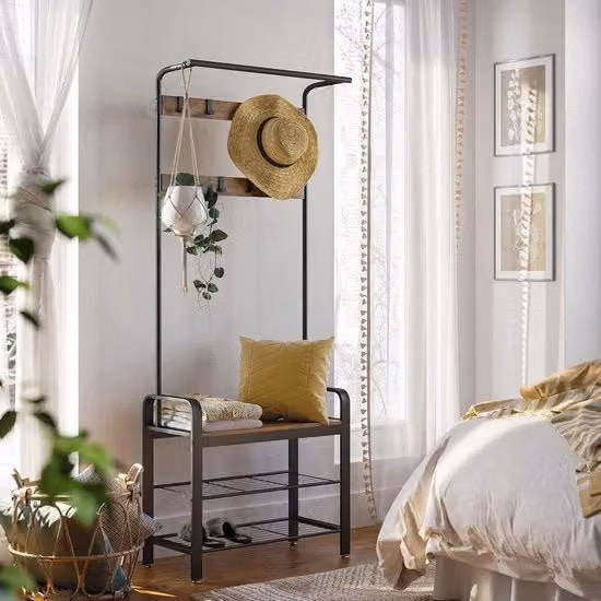 Porta abiti con panca Outsunny in stile rustico, marrone e nero, metallo e legno, H 183 x L 80 x P 33,7 cm