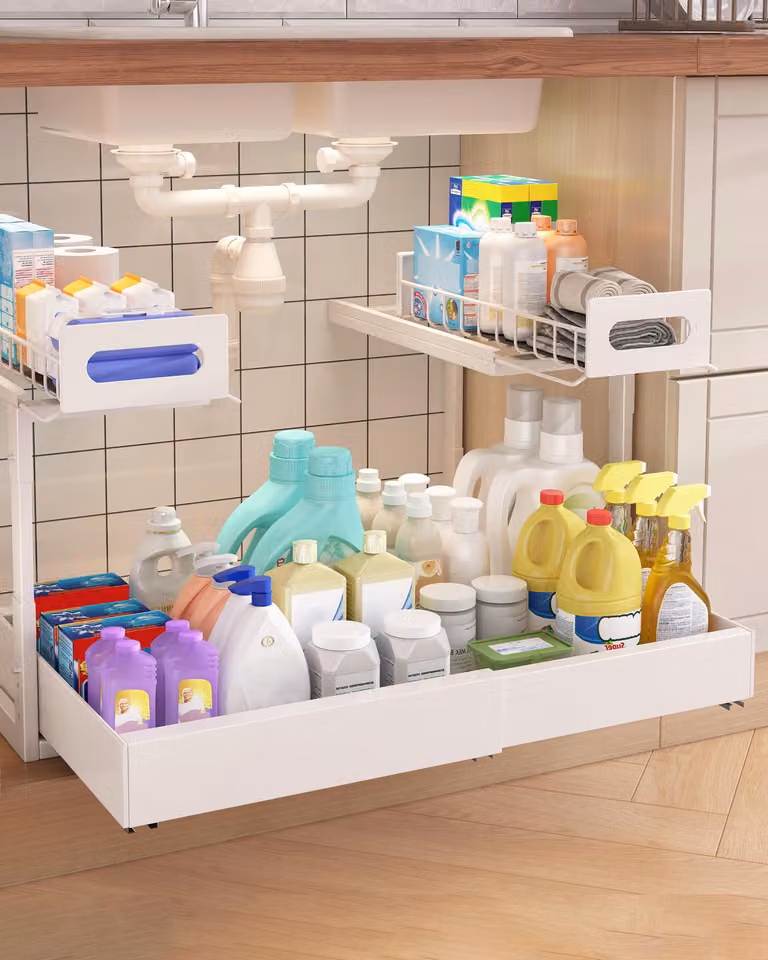 Elzusha - Scaffale estraibile per contenitori, 2 livelli, bianco, per mobili da cucina