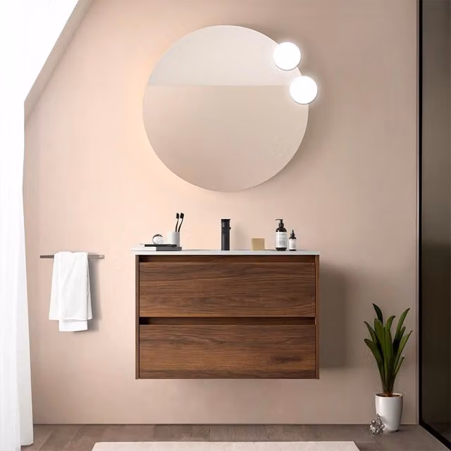 Mobile bagno sospeso Gaya noce maya con lavabo ad incasso e ante soft close