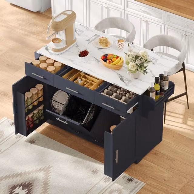 Isola cucina mobile in MDF grigio con piano ribaltabile; 3 cassetti e ruote bloccabili