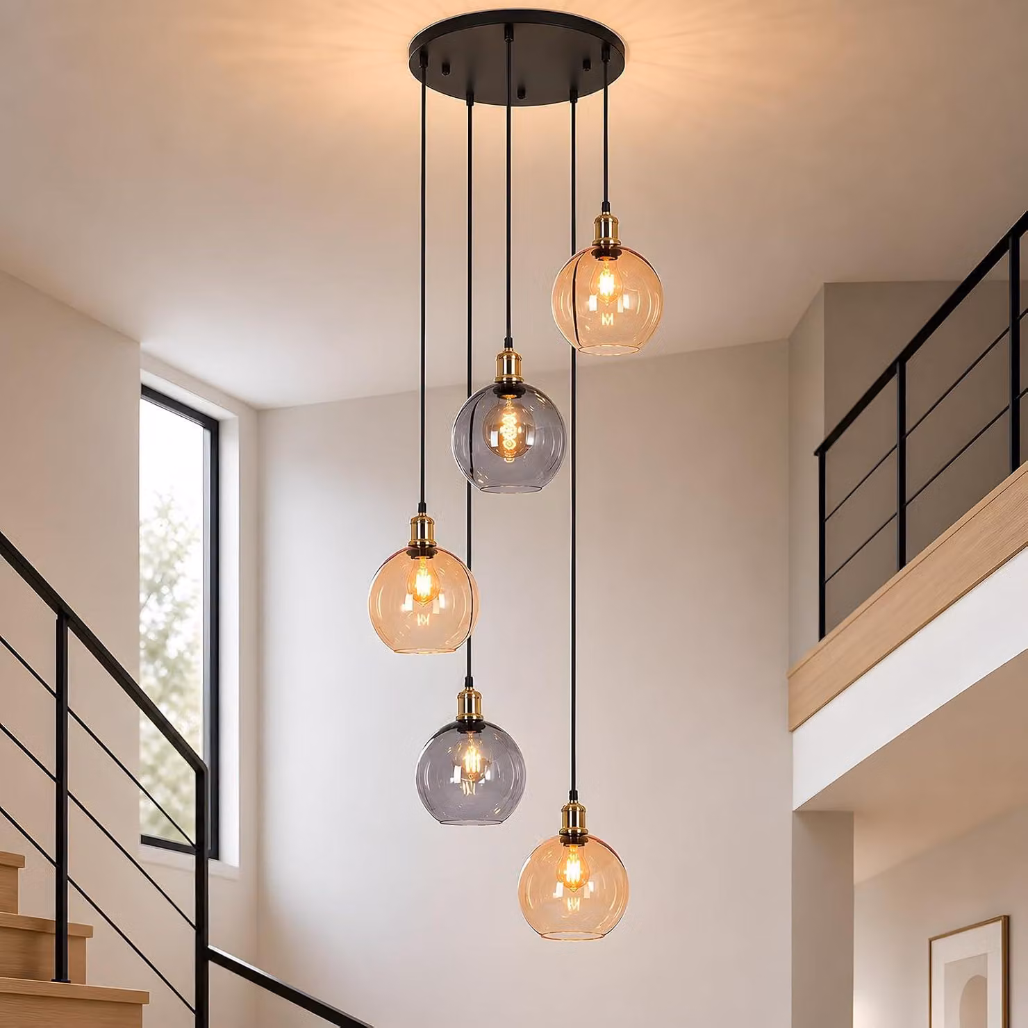 ZMH Lampada a sospensione 5 luci vetro 160cm regolabile in altezza per scala villa soggiorno sala da pranzo camera corridoio soffitti alti