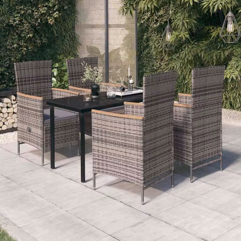 Set da pranzo da giardino vidaXL in polyrattan con tavolo in vetro e cuscini, 5 pezzi, Grigio e Nero