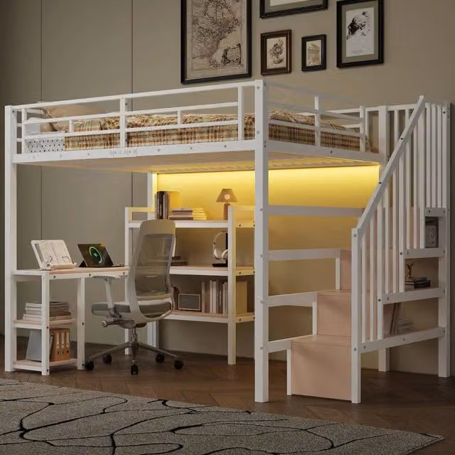 Letto a Soppalco con Scrivania, LED e USB ¨C MINIMAL ¨C Metallo Bianco 140x200