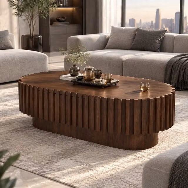 Tavolino da salotto ovale 100x50 cm con cassetto in MDF effetto noce HAVRYA