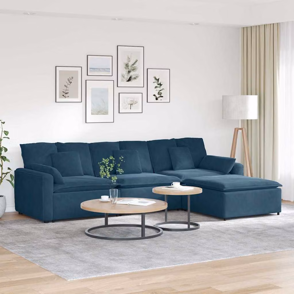 vidaXL Divano Modulare a L in Velluto Blu con Cuscini e Struttura in Metallo e Legno