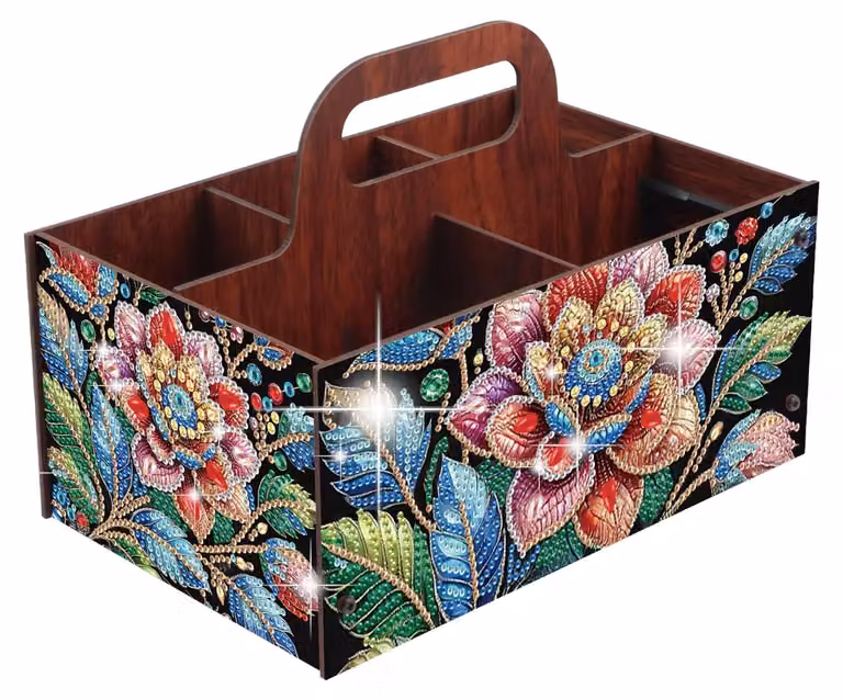 Organizzatore da scrivania con 5 scomparti, dimensioni 24x15,6x11 cm, realizzato in legno, con motivo floreale