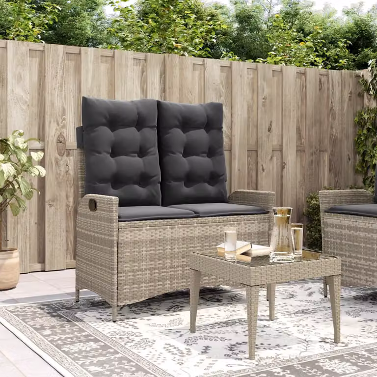 vidaXL Panca da Giardino Reclinabile in Polyrattan e Metallo con Cuscini in Tessuto Grigio