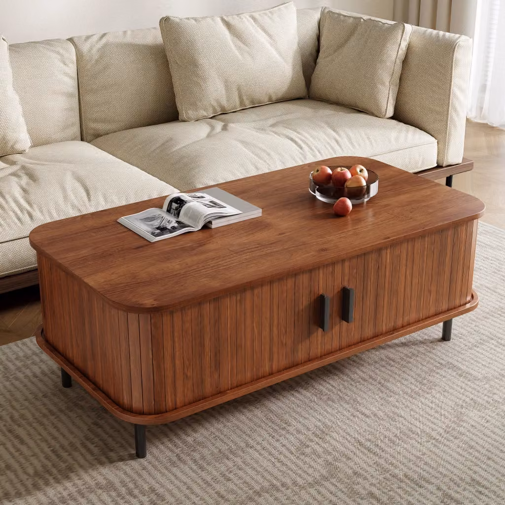 Tavolino basso Mivray con due ante scorrevoli e vano contenitore in MDF e truciolare, colore noce, L: 100 cm, P: 50 cm, H: 45 cm – 2