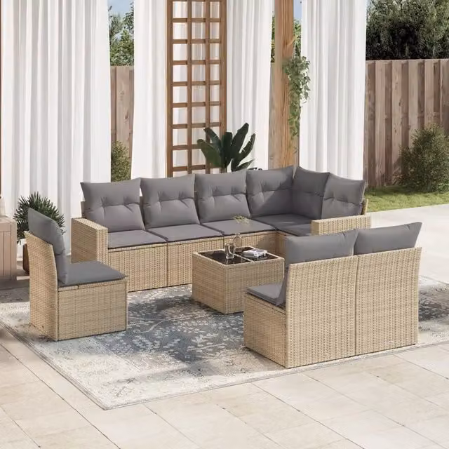 Set Divano da Giardino 9 pz con Cuscini Beige in Polyrattan 3219069