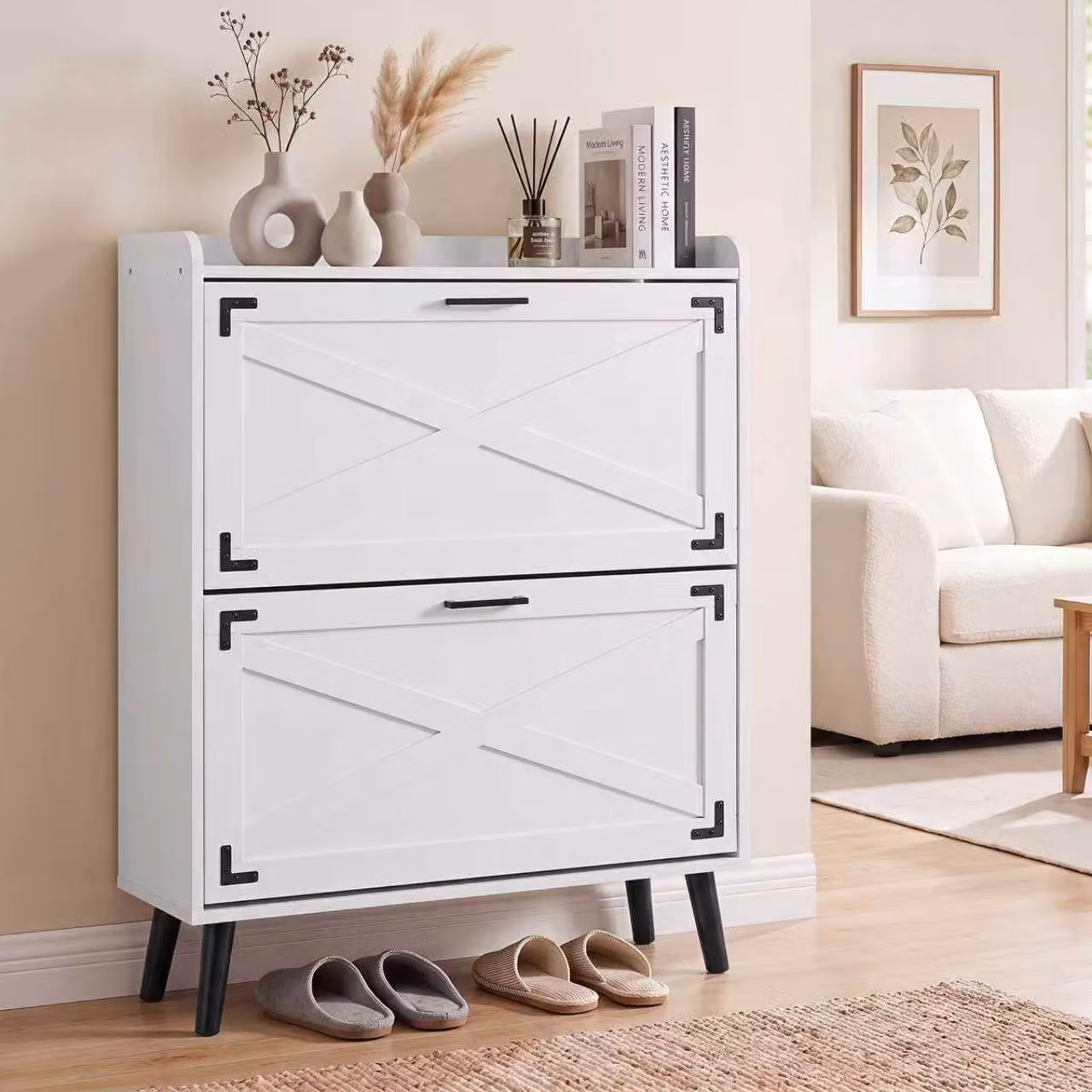 Scarpiera da ingresso e soggiorno Costway con 2 scomparti a ribalta e ripiani interni regolabili, design moderno, Bianco opaco