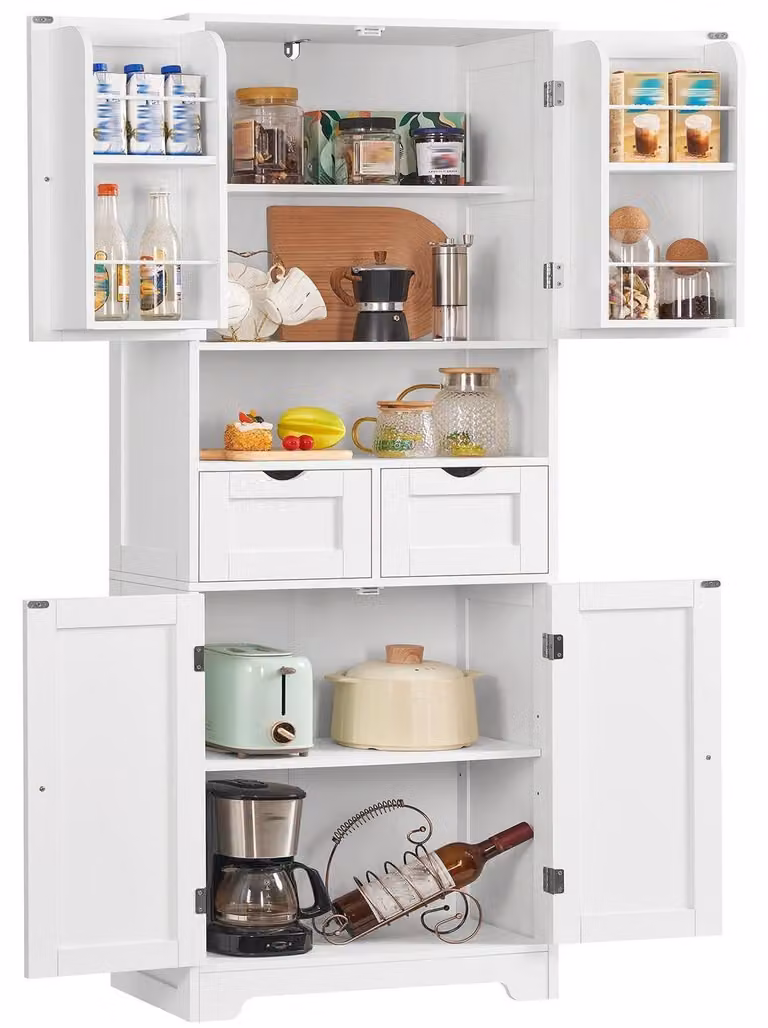 Armadio alto da cucina, 4 ante, 2 cassetti, ripiani interni regolabili, 161 cm di altezza, bianco