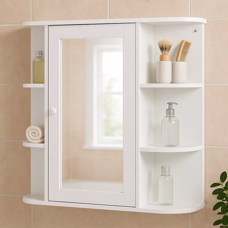 AIORBER armadietto a specchio per bagno, per montaggio a parete, con 8 scomparti, maniglia a pomello, superficie di appoggio aperta, design semplice, per bagno, 66x17x63cm, bianco