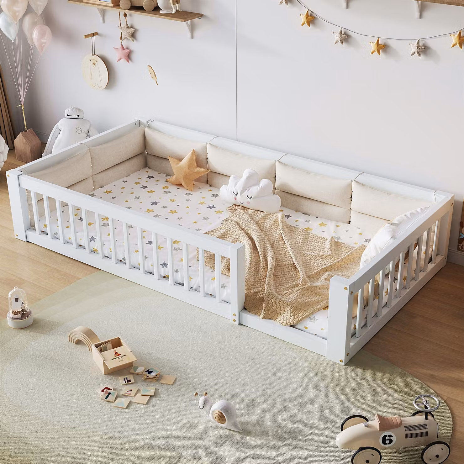 Letto a piattaforma 90x200, con sponde laterali, cuscino, confortevole, sicuro per bambini (bianco)
