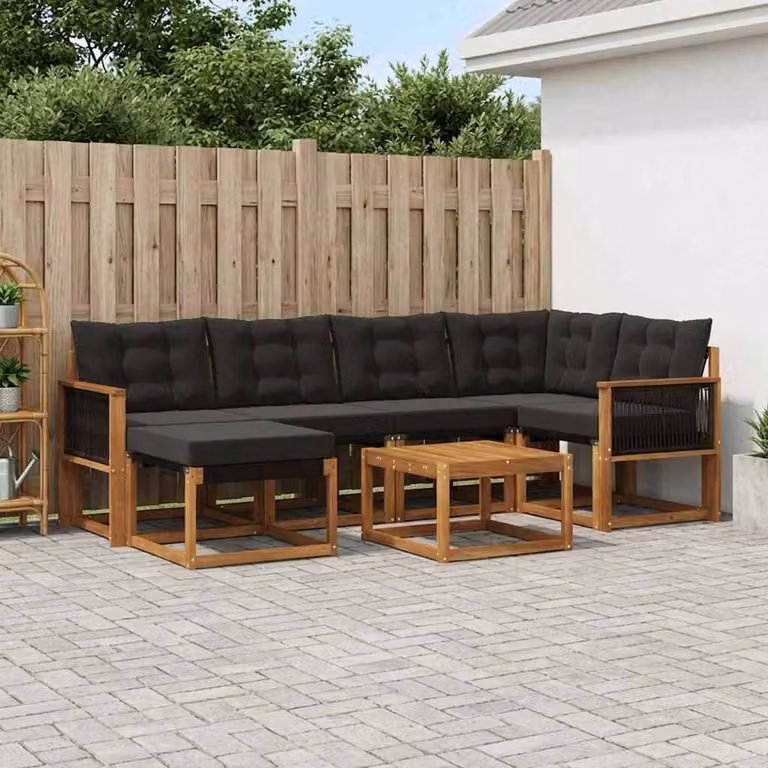 Set di divani da esterno vidaXL 7 pz in legno di acacia con cuscini e tavolino, marrone e nero