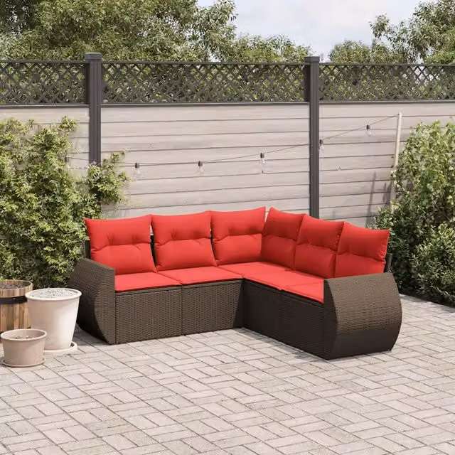 Set Divani da Giardino 5 pz con Cuscini Marrone in Polyrattan 3221353