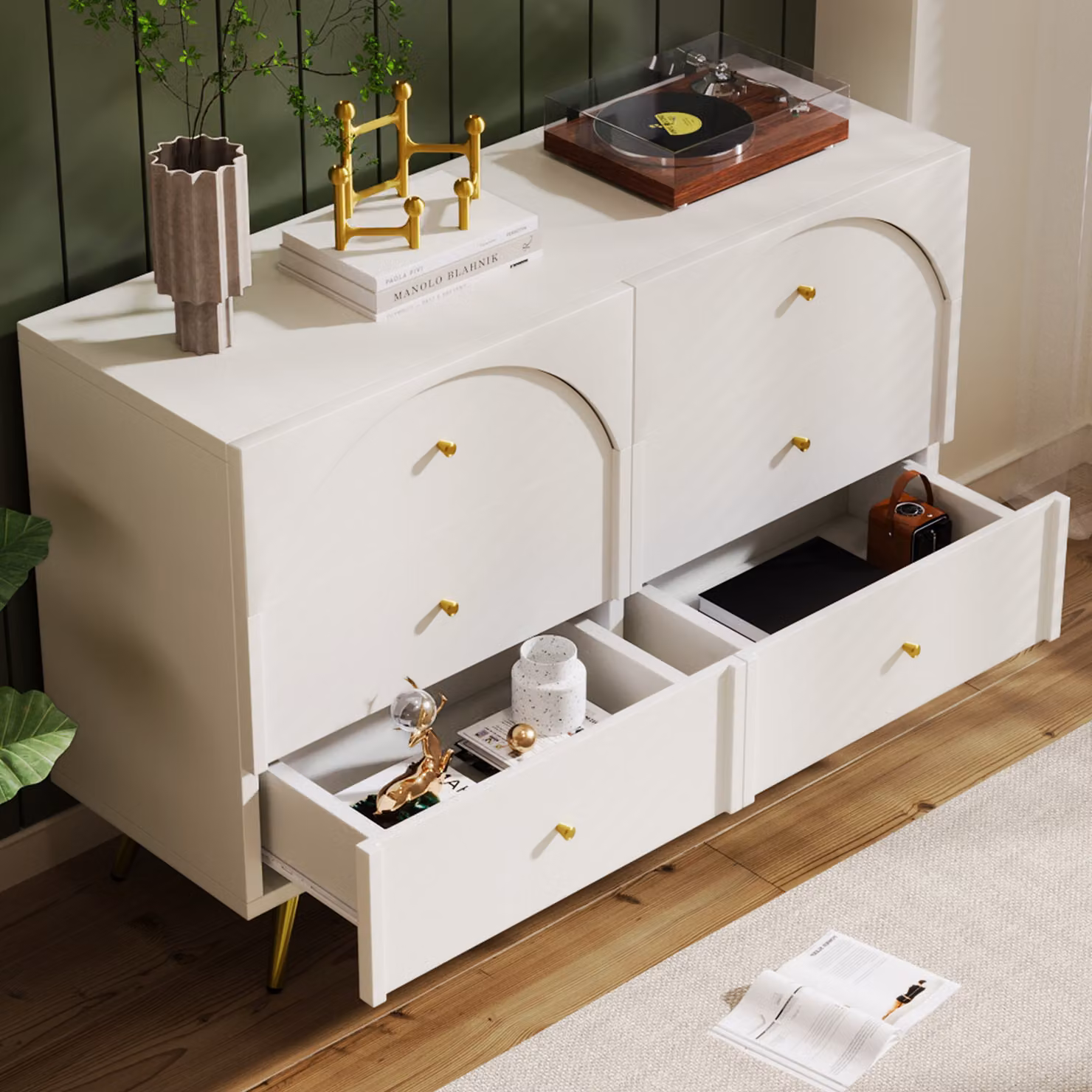 okwish Commode 120x40x85 cm con 6 cassetti e gambe in metallo per camera da letto, bianco