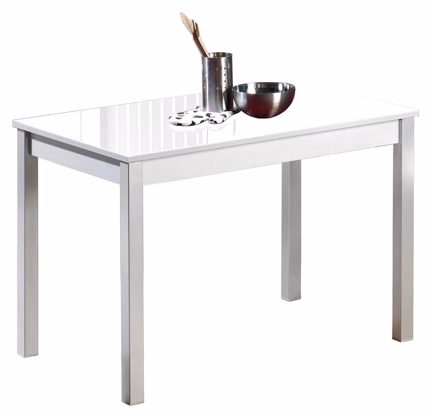 Tavolo da pranzo, dimensioni 90x50 cm, piano in vetro bianco, struttura in metallo