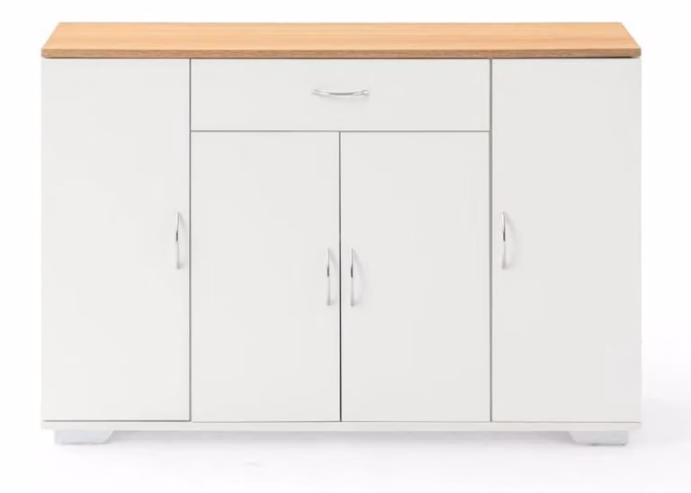 Comodino con 1 cassetto e 4 ante, dimensioni 110x70x30 cm, decoro effetto legno bianco