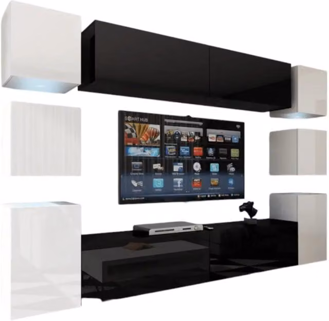 Set mobili da salotto sospesi Meublorama collezione CEPTO XIV, composto da 10 elementi con illuminazione LED integrata, colore nero e bianco, L: 256 cm