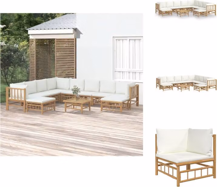 set da salotto da giardino vidaXL 11 pezzi con cuscini in bambù bianco crema - Set di mobili da giardino