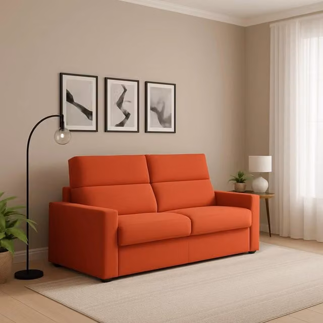 Divano Letto 2 Posti Sonico DMORA Arancione con Rivestimento Sfoderabile e Funzione Letto L/P: 200 x 95 cm – 1