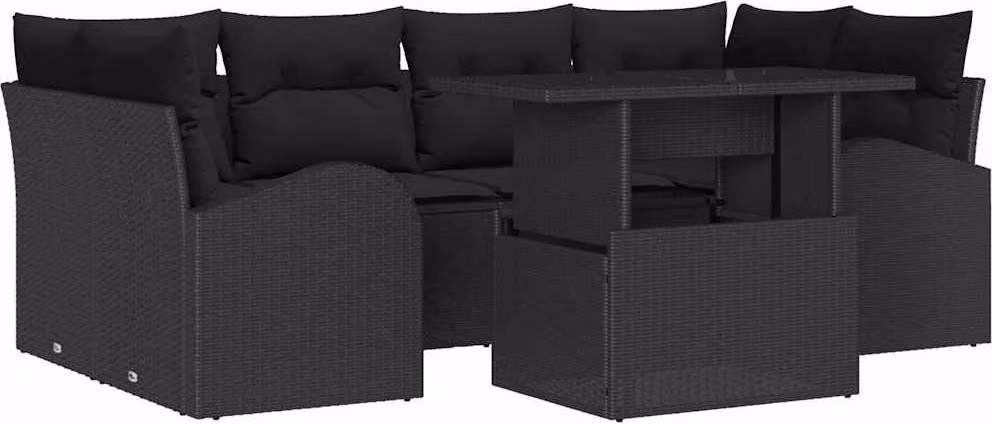 Set Divano da Giardino con cuscino 7 pcs Nero Poly Rattan