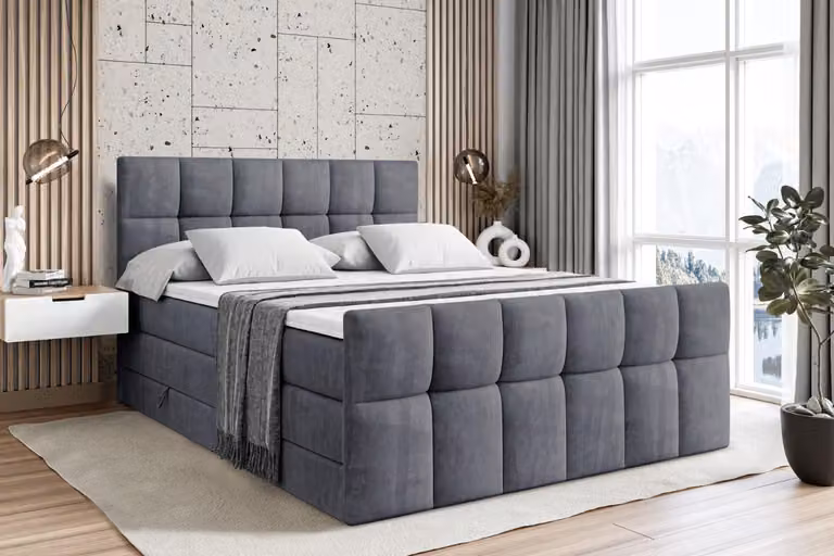 Letto boxspring ALTDECOR con materasso e rete a doghe - RICAR -Z KING - 180x200 cm - Velluto grigio scuro - Topper, pediera, letto imbottito con contenitore, letto con vano portaoggetti H3 e H4 - Materasso, letto matrimoniale, letto boxspring