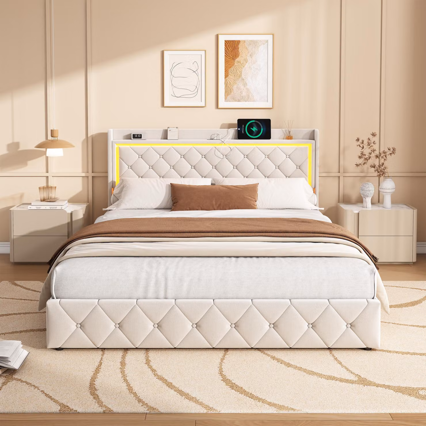 Letto imbottito Fortuna Lai 140x200 cm, letto matrimoniale letto per ragazzi letto per ospiti con 4 cassetti, LED, USB e rete a doghe, letto contenitore con testiera e rete, velluto, beige