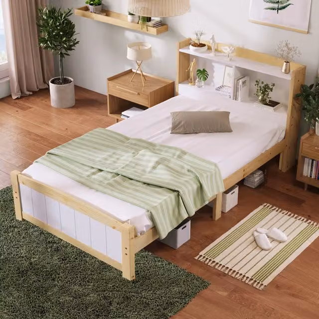 Letto singolo Mivray bianco con testiera contenitore e rete a doghe in legno L/P/H: 220 x 90 x 95 cm
