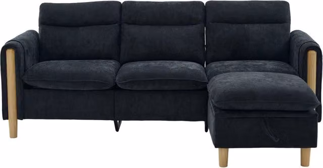 Divano a 3 posti in stile nordico con pouf contenitore, tessuto chenille nero e gambe in legno per soggiorno e spazi piccoli