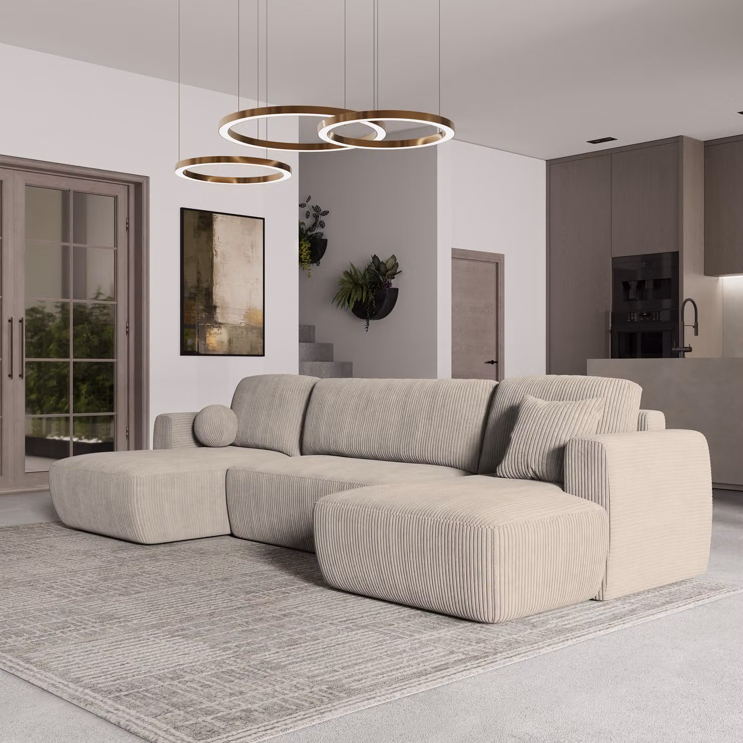 Divano angolare SENTUM P di Masseno con funzione letto a U, divano con box letto, divano da salotto, divano, divano, divano letto, set di divani - crema, POSO 100