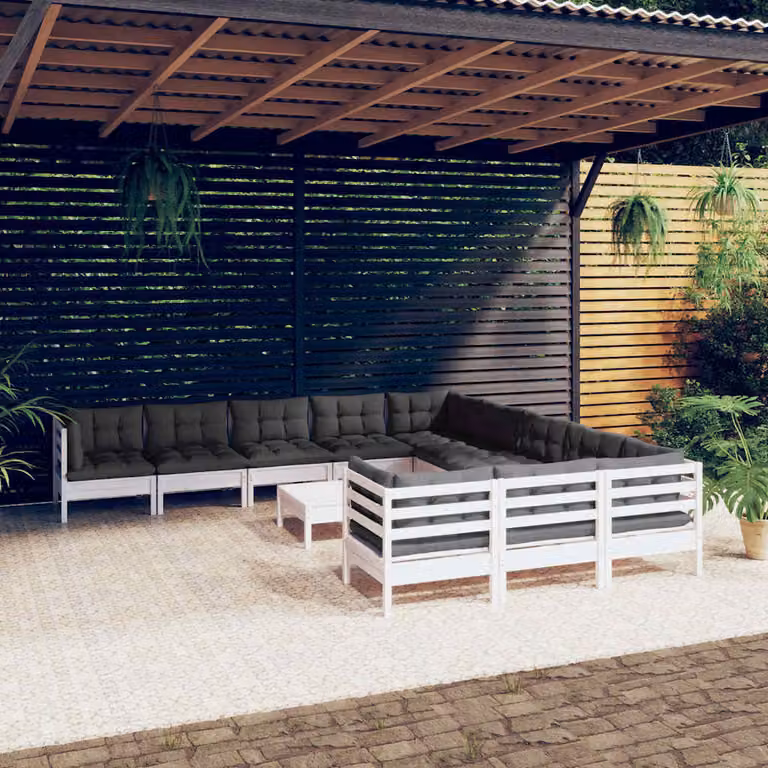 vidaXL Set Divani da Giardino Moderno a L con Cuscini in Legno di Pino Trattato Bianco, Antracite e Grigio
