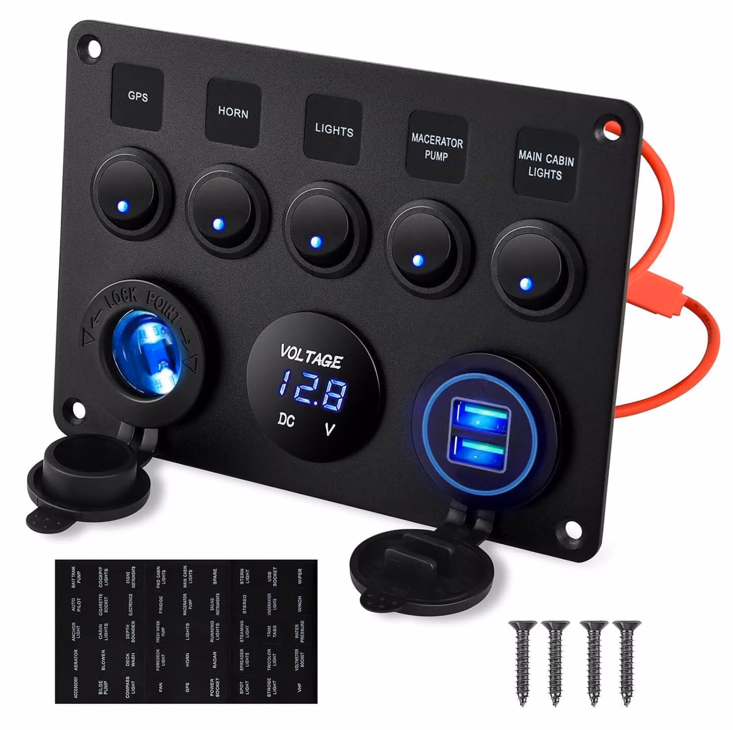 Pannello di controllo a 5 vie con USB, voltmetro e uscita a 12V, pre-cablato