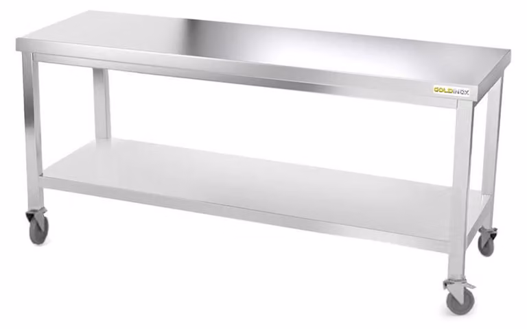 Tavolo da lavoro in acciaio inossidabile, dimensioni 1800 x 600 mm, su ruote, PREMIUM - GOLDINOX