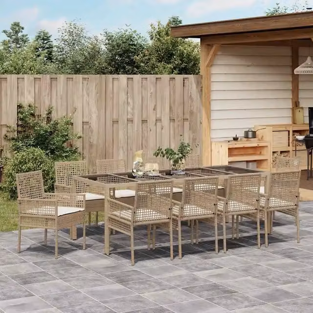 Set da pranzo per giardino vidaXL in polyrattan beige con tavolo in vetro, 11 pezzi – 1
