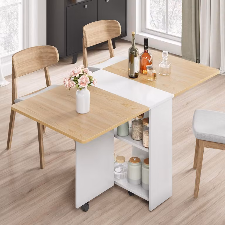 Tavolo pieghevole con ripiani e ruote, dimensioni 120x60x75 cm, finitura in legno naturale