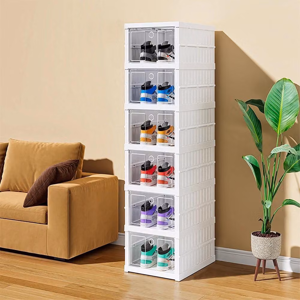 Portascarpe - Set da 6 scatole per scarpe - Impilabili - Pieghevoli - In plastica - Bianco trasparente