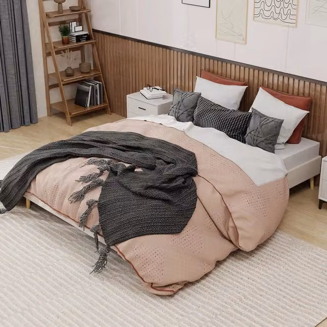 Letto Matrimoniale Minimal in Velluto Beige L/P: 160 x 200 cm – 1