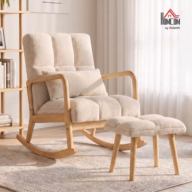 Fauteuil à Bascule avec Repose-Pieds Assise Large Pieds Bois Beige