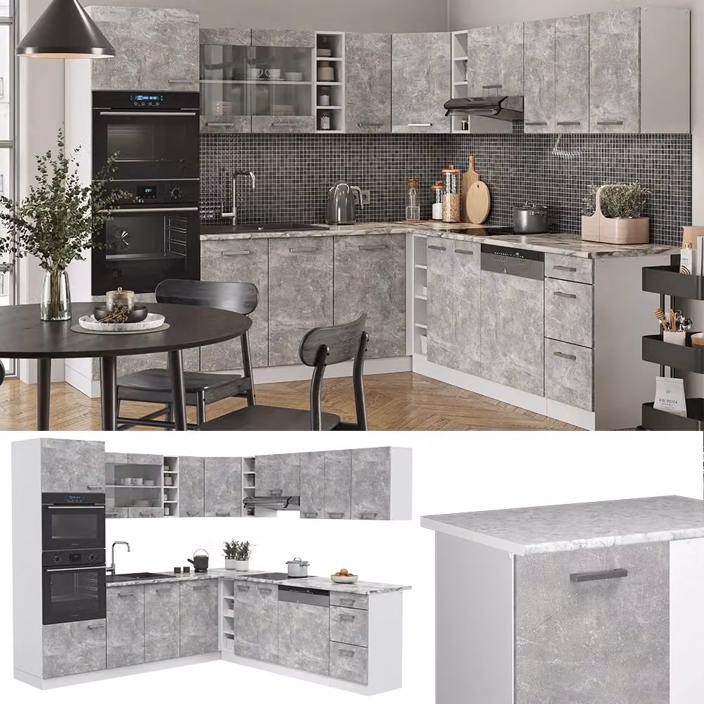 Cucina angolare moderna Vicco R-Line in finitura opaca bianco e grigio calcestruzzo con piano in marmo, L/P/H: 247 x 237 x 60 cm – 2