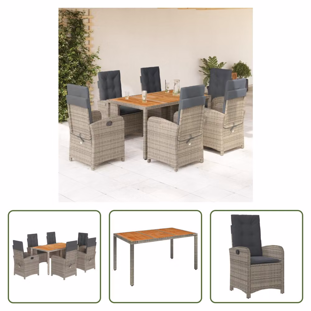 The Living Store Set da pranzo da giardino 7 pezzi con cuscini in poly rattan grigio
