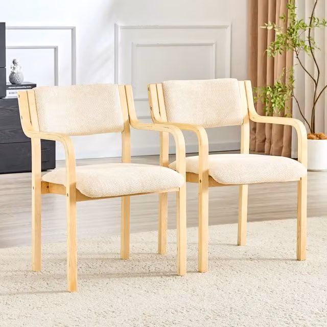Set di 2 sedie da pranzo OKWISH in legno curvato con braccioli e schienale ergonomico in tessuto boucle bianco stile scandinavo