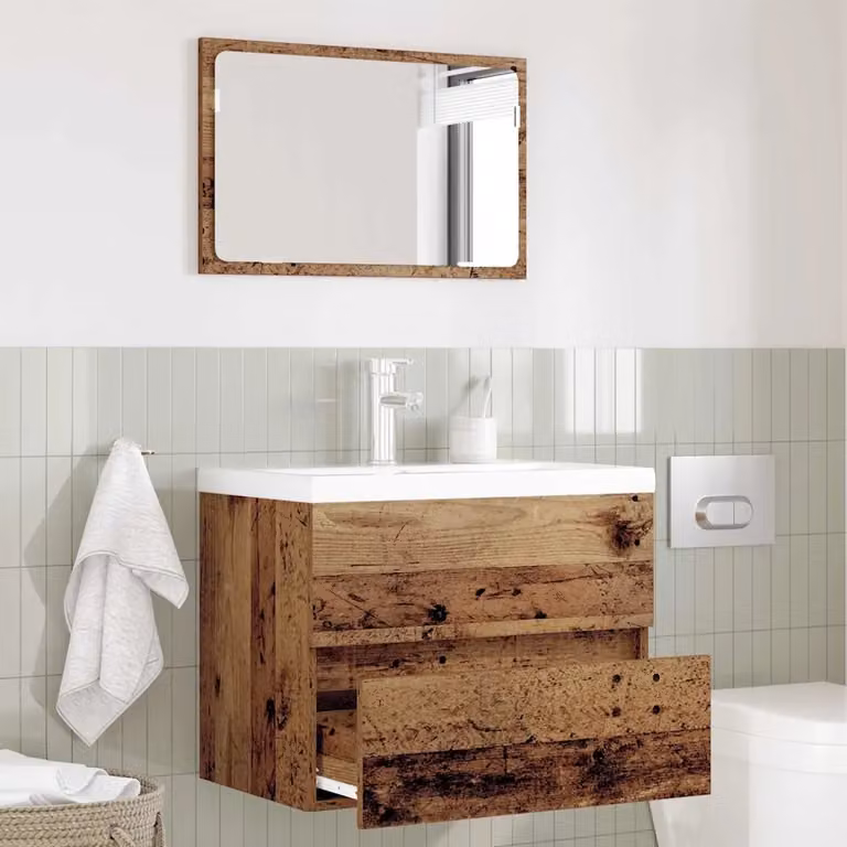 Set di mobili per il bagno vidaXL 2 pezzi in legno e metallo marrone e argento, composto da mobiletto con specchio e mobile sottolavabo, L/P/H: 60,0 x 38,5 x 45,0 cm