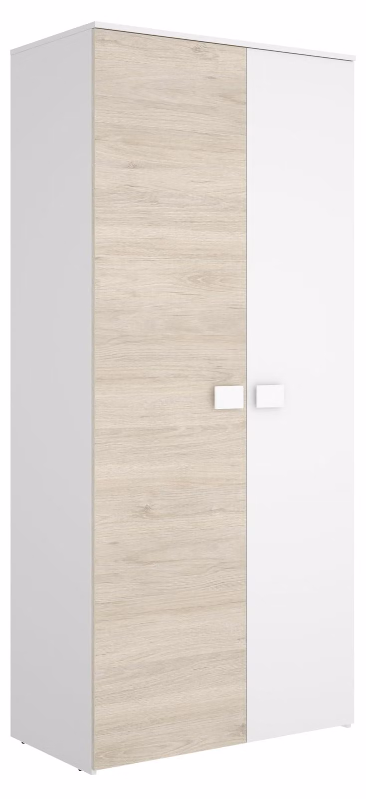 Mobile contenitore in melaminico bianco/effetto legno naturale, dimensioni 205x90x52 cm, con 2 ante e 2 cassetti
