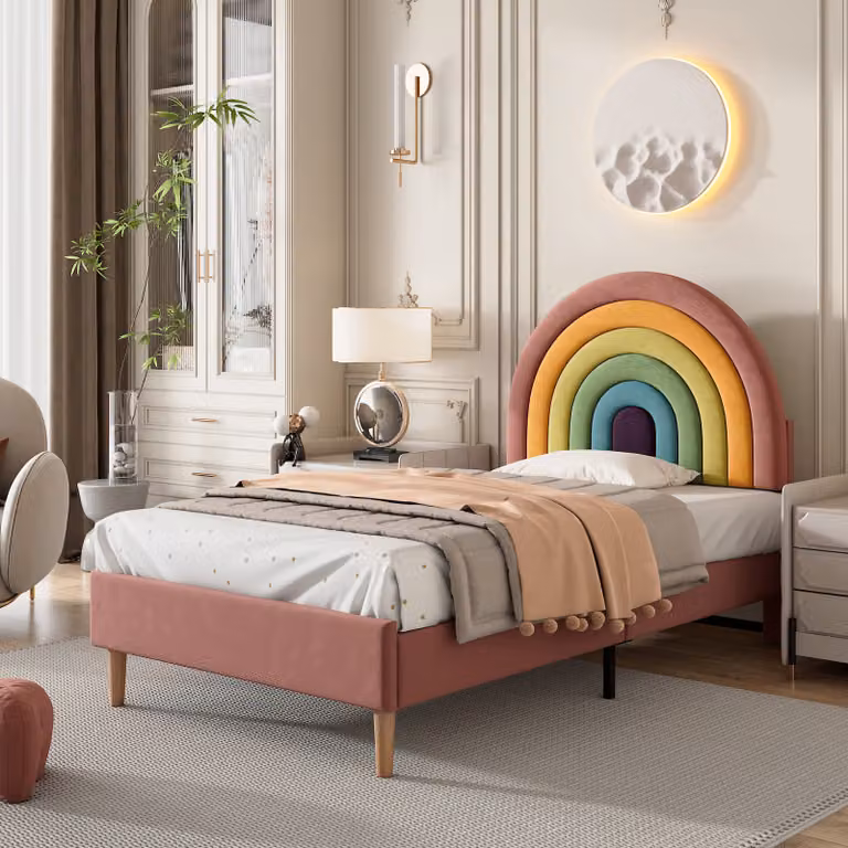 Letto imbottito Merax 90x200cm con rete a doghe e testata regolabile in altezza a forma di arcobaleno, letto singolo in velluto letto per bambini letto per ragazzi letto in legno, rosa
