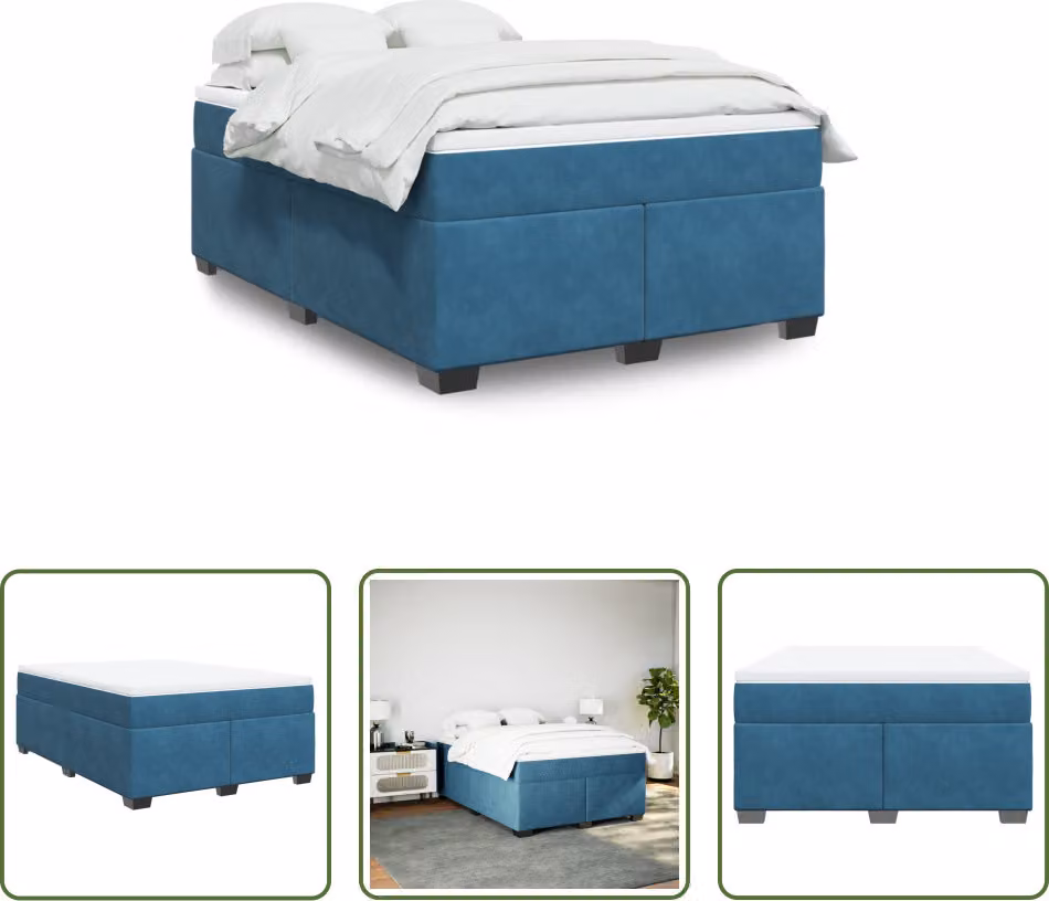 The Living Store Letto a molle con materasso blu scuro 140x200 cm in velluto
