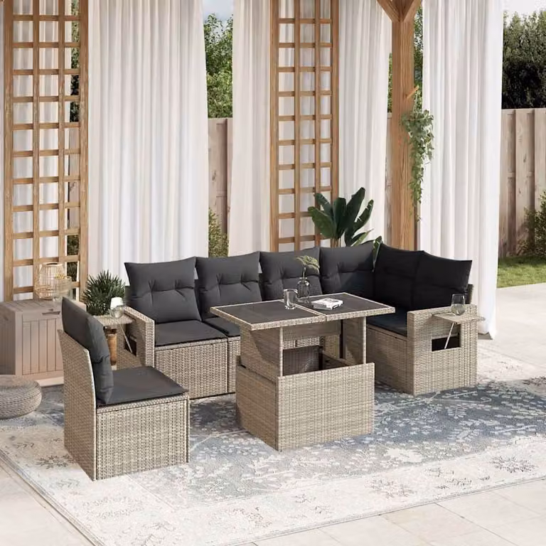 vidaXL Set Divani da Giardino 7pz a Forma di L in Polyrattan con Cuscini Antracite e Tavolino da Esterno